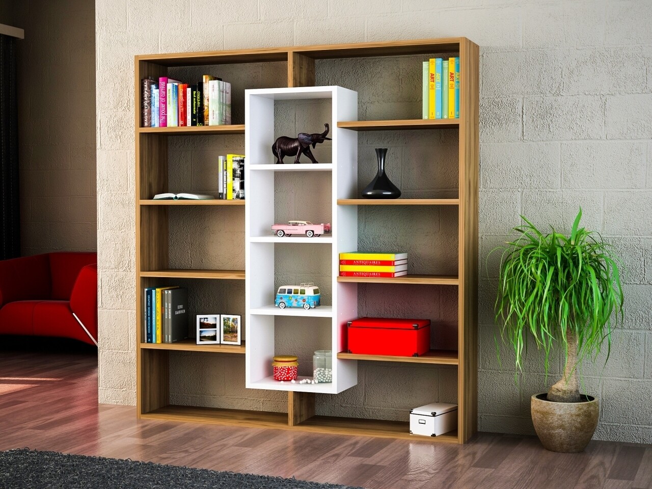 Biblioteca Wooden Art, Ample Walnut White, 125x135.7x22 cm - imagine 4
